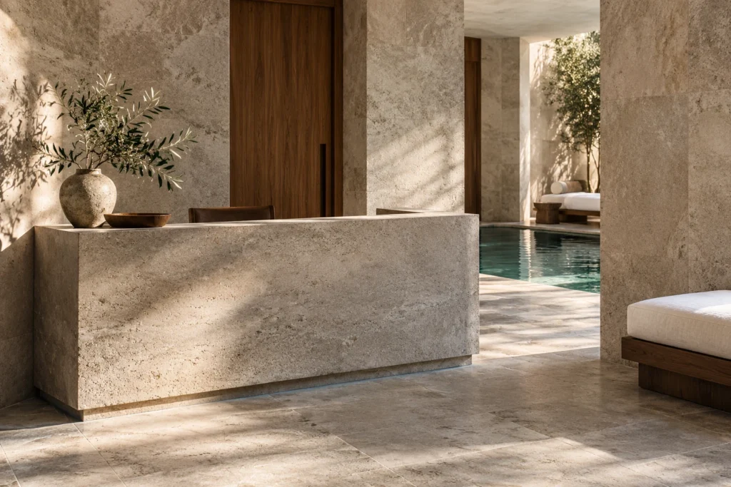 Comptoir de pierre et ouverture sur les bains