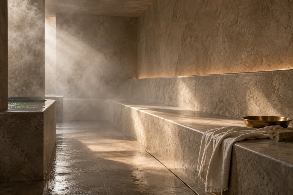 Banc de pierre dans le hammam baigné de lumière