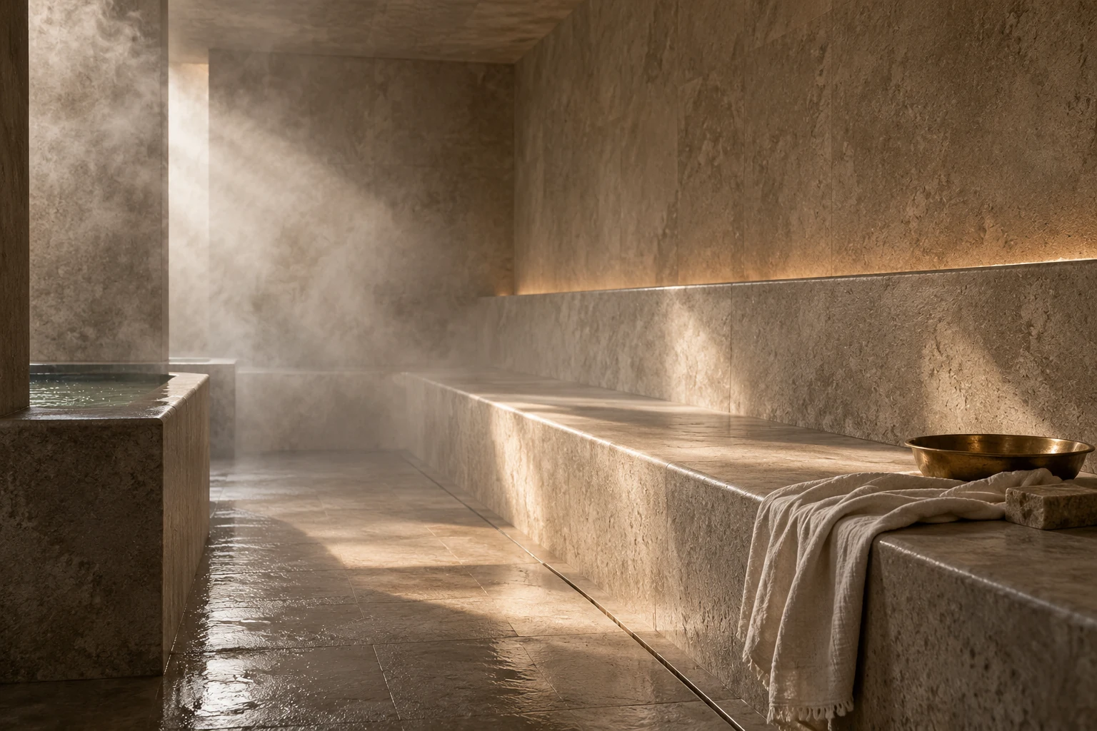 Banc de pierre dans le hammam baigné de lumière